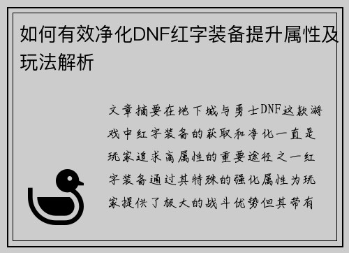如何有效净化DNF红字装备提升属性及玩法解析