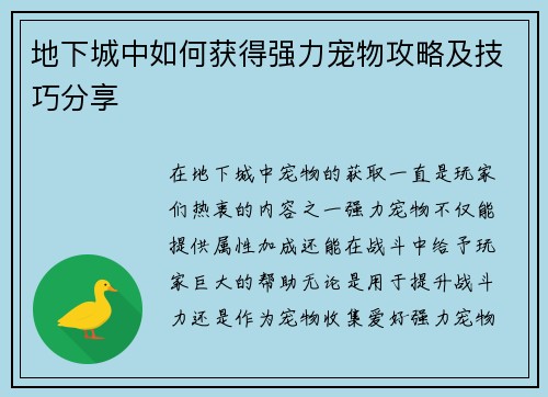 地下城中如何获得强力宠物攻略及技巧分享